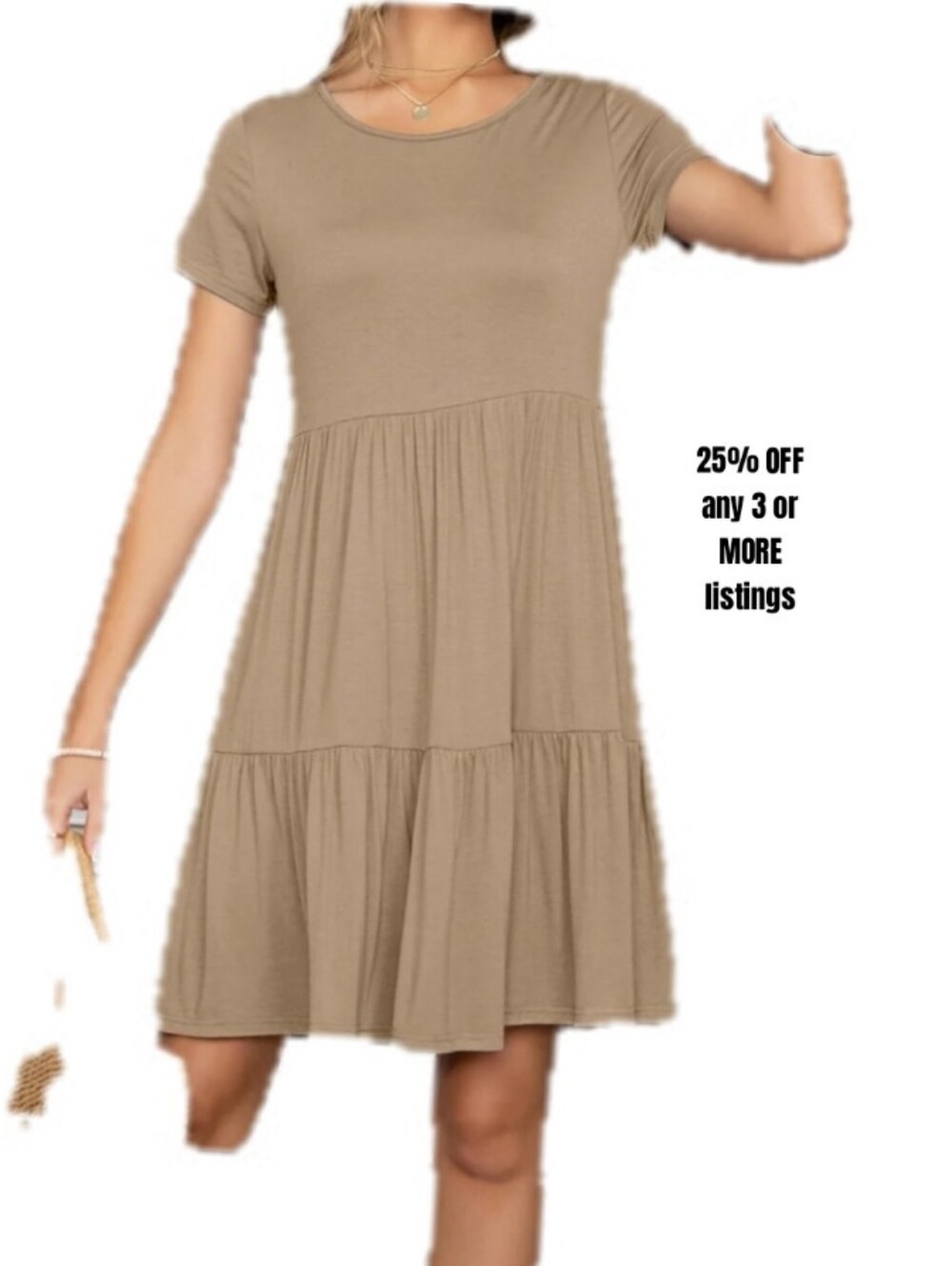 Women’s Short Sleeve Tiered Swing Dress Taupe Tan Mini Shein